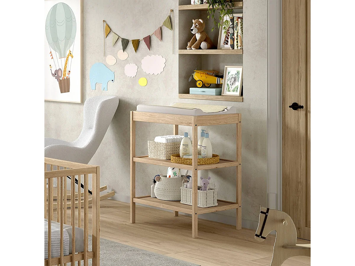 ELIOTT - Table à Langer avec Tablettes en Hêtre Massif Vernis Naturel