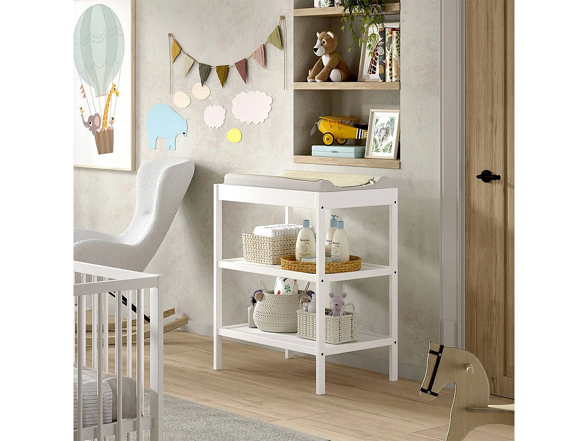 ELIOTT - Table à Langer avec Tablettes en Hêtre Massif Laqué Blanc