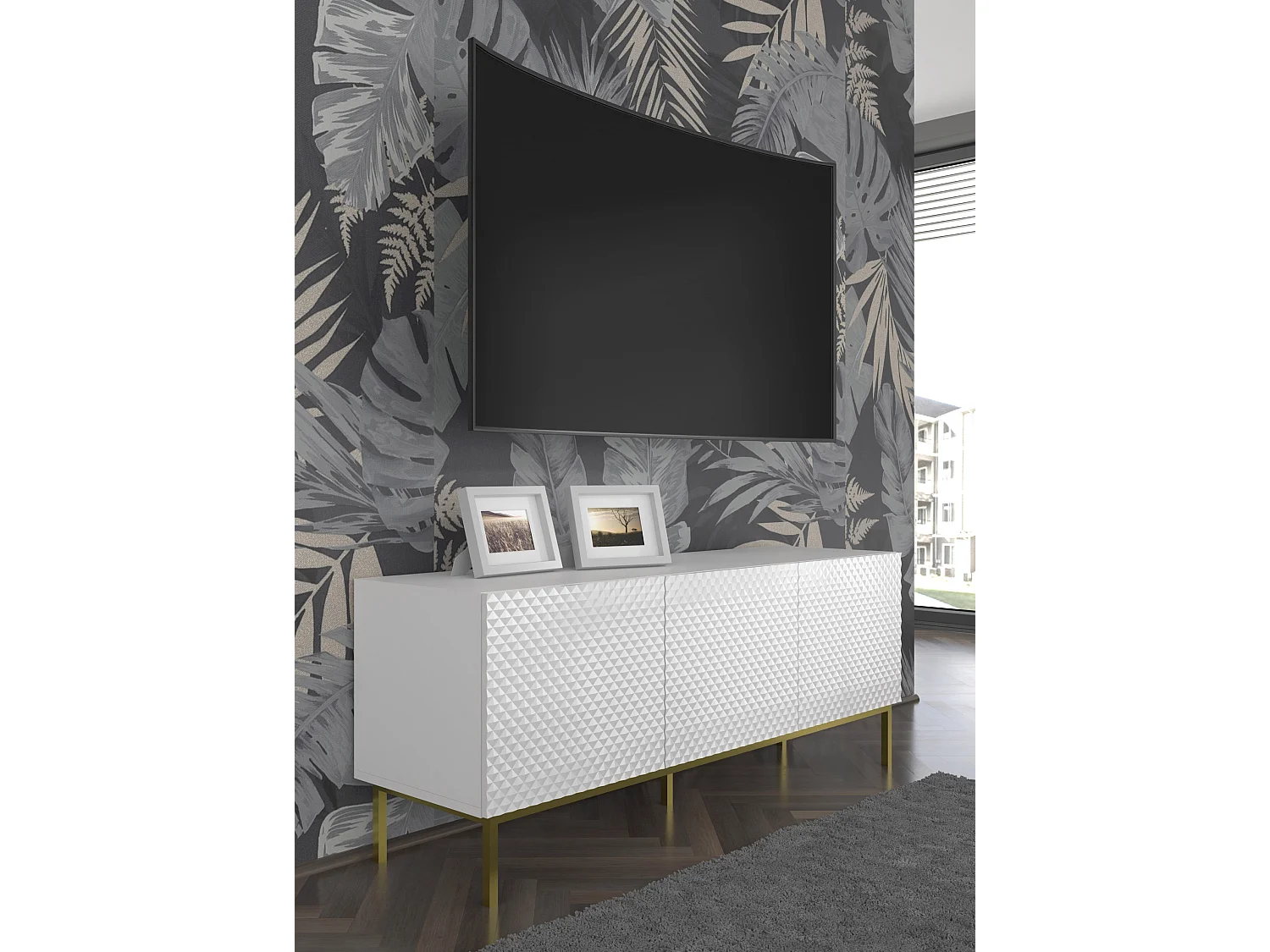 Meuble TV Ravenna C 150 cm 3D blanc brillant avec cadre