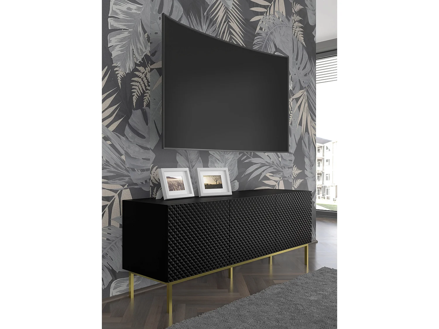 Mobile TV Ravenna C 150 cm 3D nero lucido con cornice