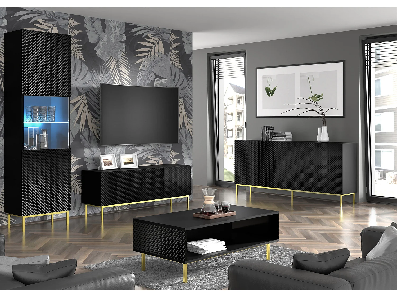 Mobile TV Ravenna C 150 cm 3D nero lucido con cornice