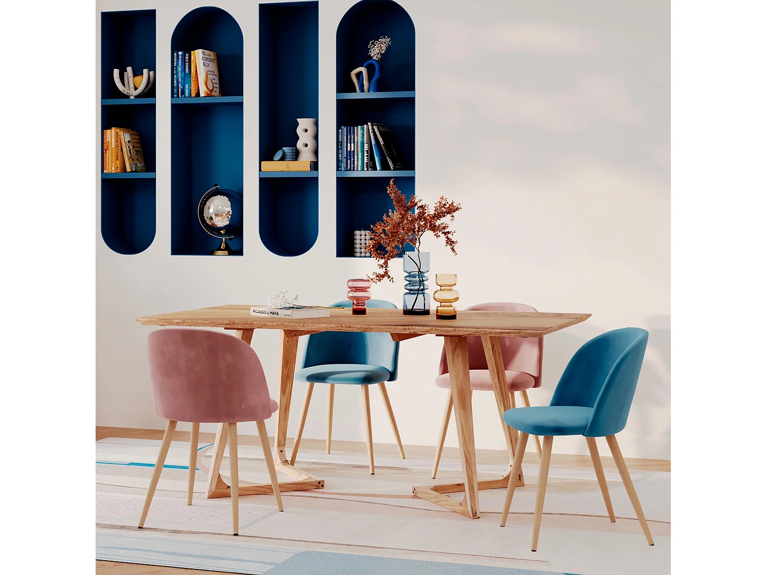 Pack de 4 sillas de terciopelo azul y rosa - Cozy