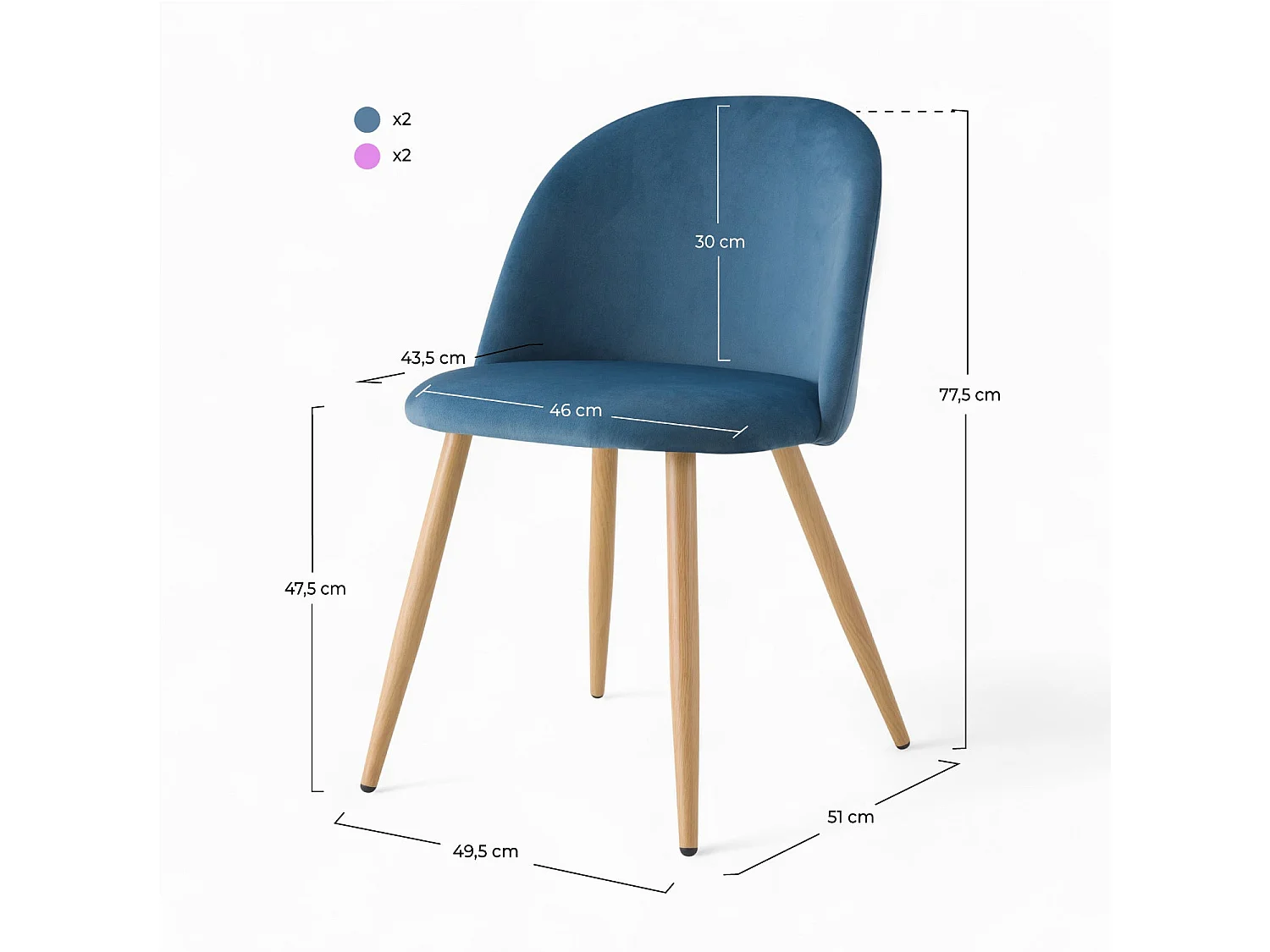 Pack de 4 sillas de terciopelo azul y rosa - Cozy