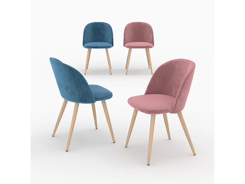 Pack 4 chaises en velours bleu et rose - Cozy