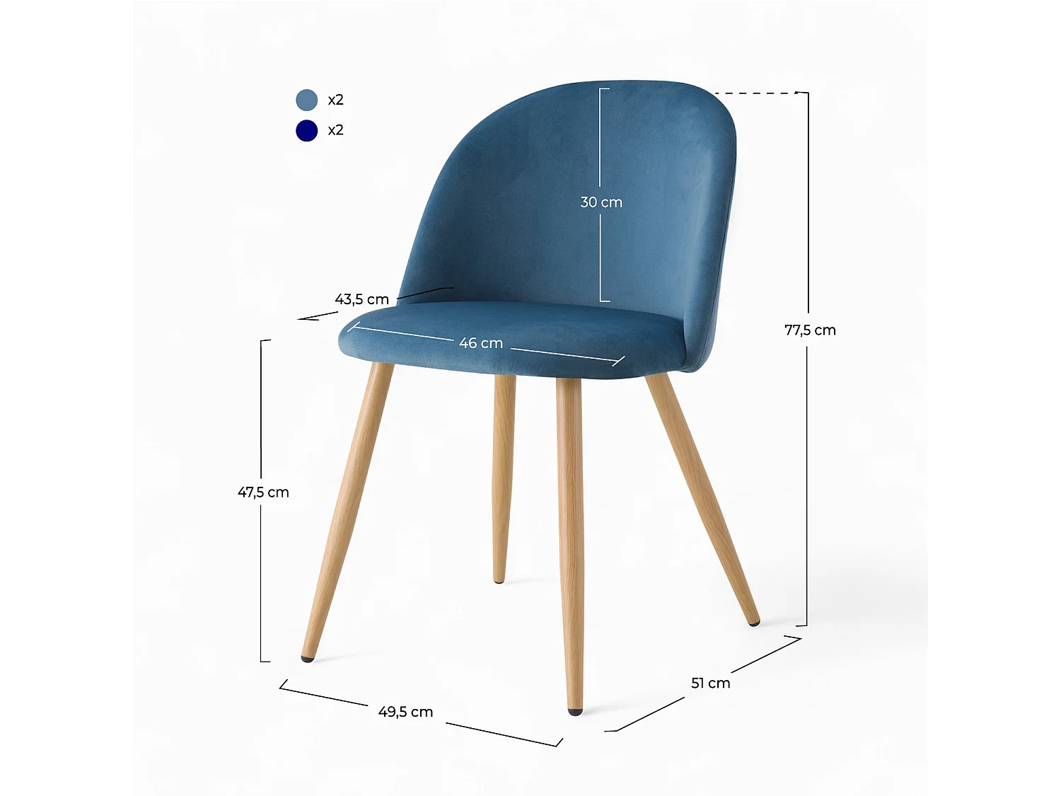 Pack 4 chaises en velours bleu foncé et bleu - Cozy