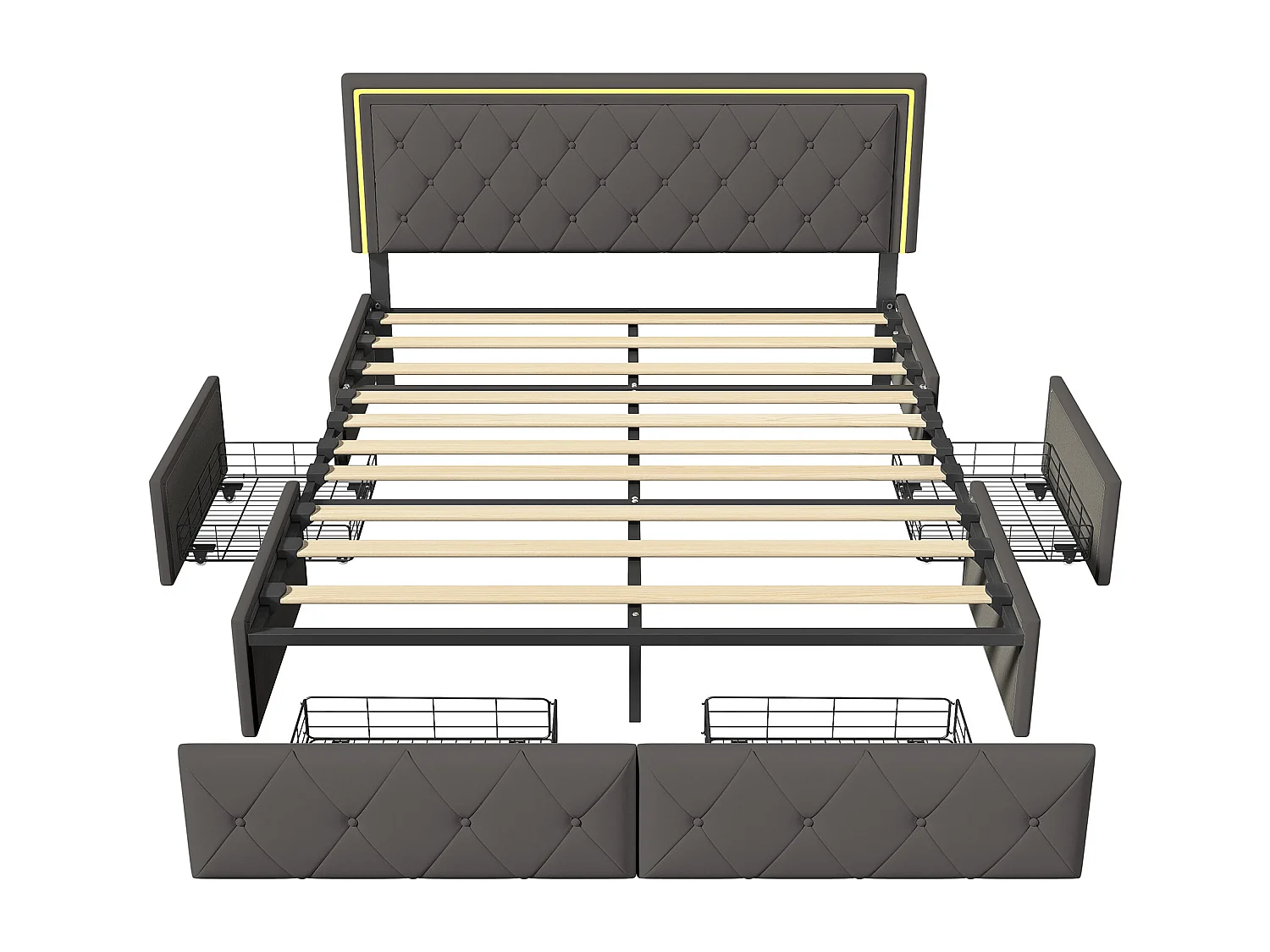 Lit double rembourré 160x200cm avec 4 tiroirs et éclairage LED, Gris