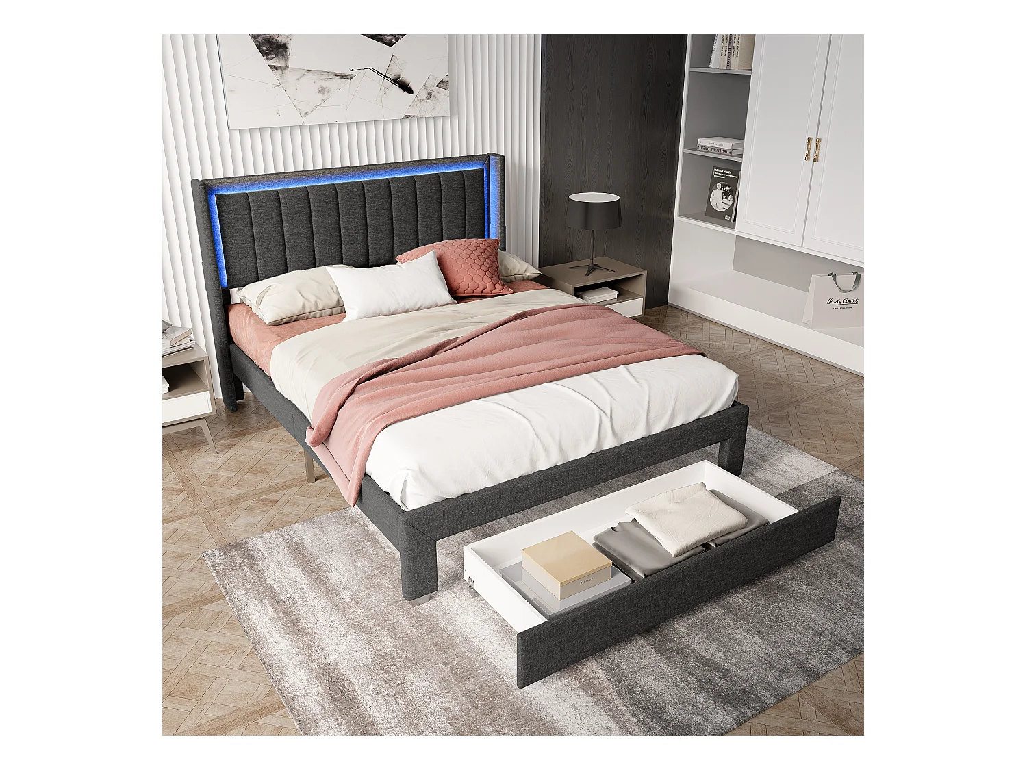 Lit double rembourré 180x200cm avec tiroir, LED et USB, gris