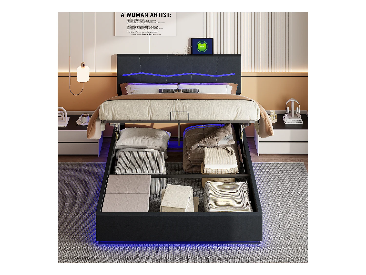 Cama doble tapizada de 180x200cm con canapé