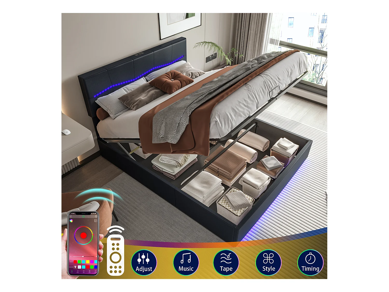 Cama doble tapizada de 180x200cm con canapé