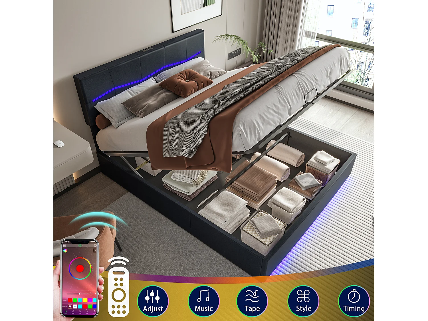 Lit double rembourré 180x200cm avec coffre de lit