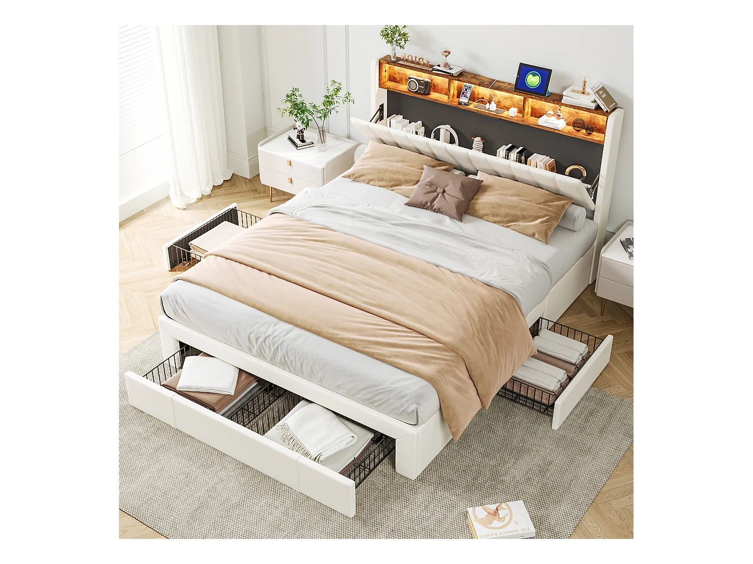 Lit double 140x200cm Beige Avec 4 tiroirs Avec LED et USB Tête de lit ouvrable