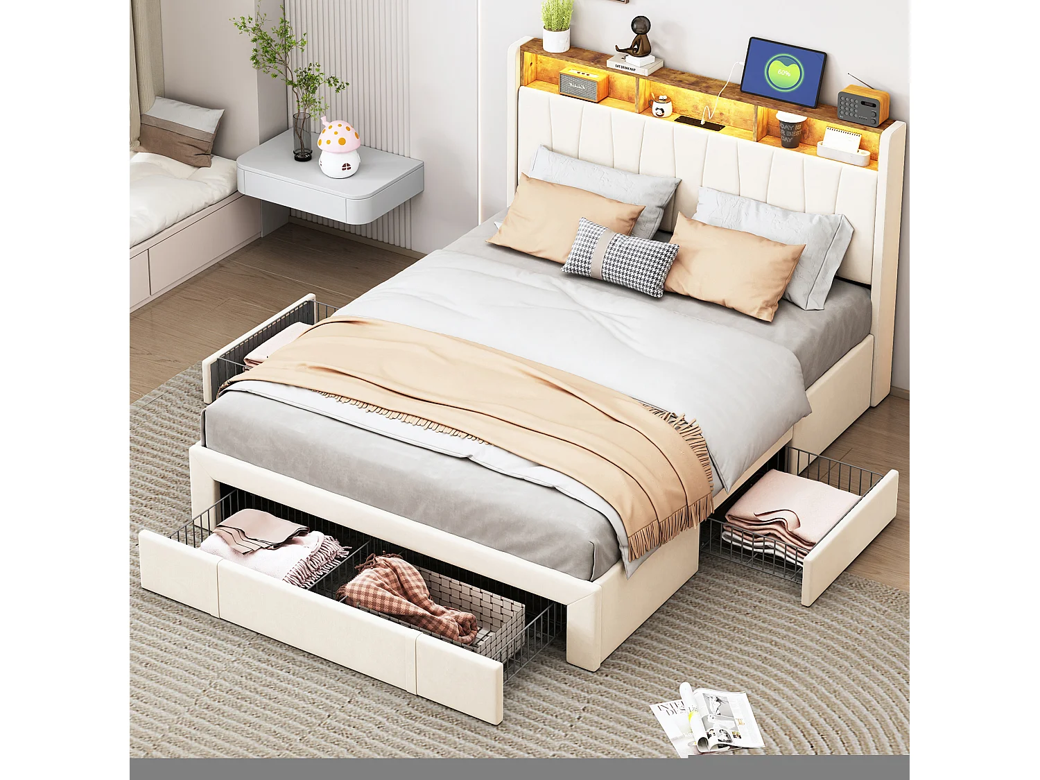 Lit double 140x200cm Beige Avec 4 tiroirs Avec LED et USB Tête de lit ouvrable