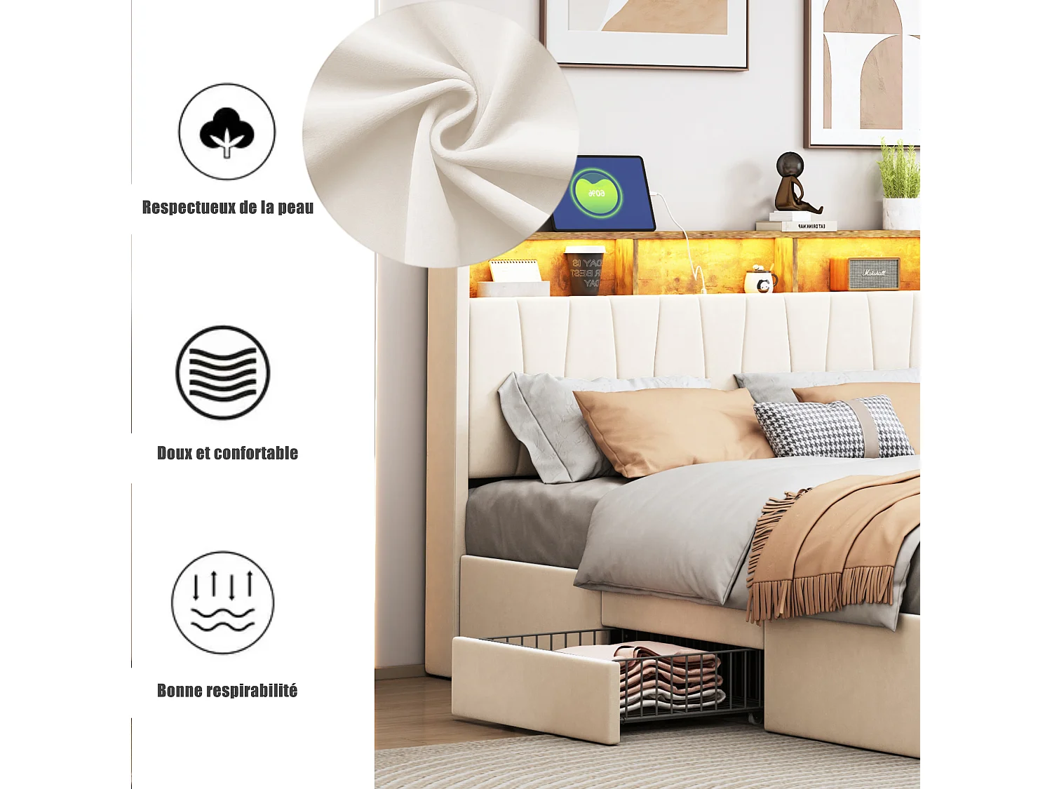 Lit double 140x200cm Beige Avec 4 tiroirs Avec LED et USB Tête de lit ouvrable