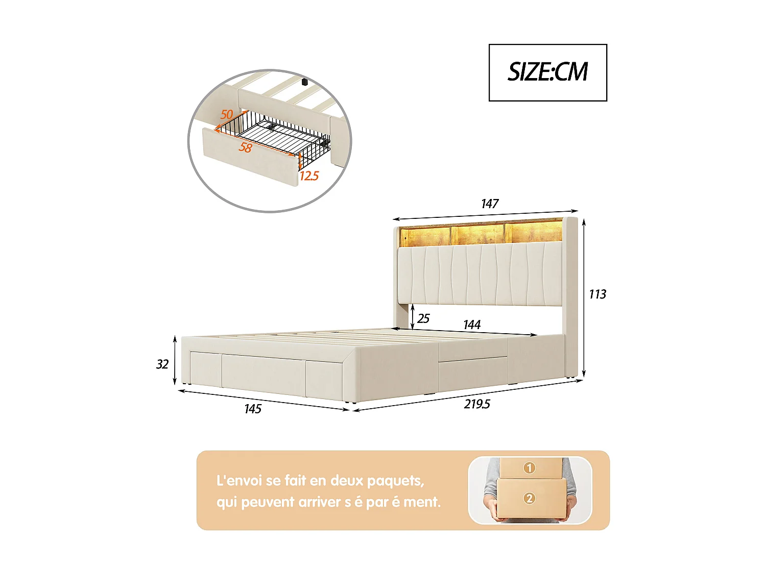 Lit double 140x200cm Beige Avec 4 tiroirs Avec LED et USB Tête de lit ouvrable