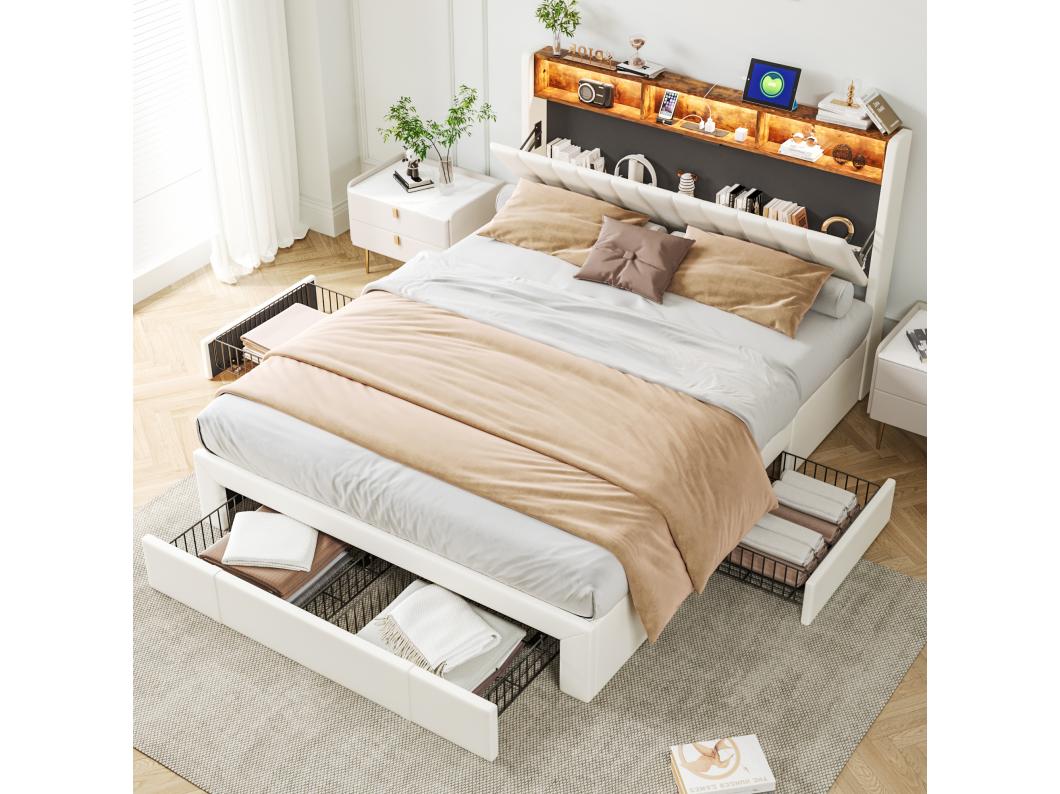 Cama de casal 140x200cm Bege Com 4 gavetas Com LED e USB Cabeceira de abrir