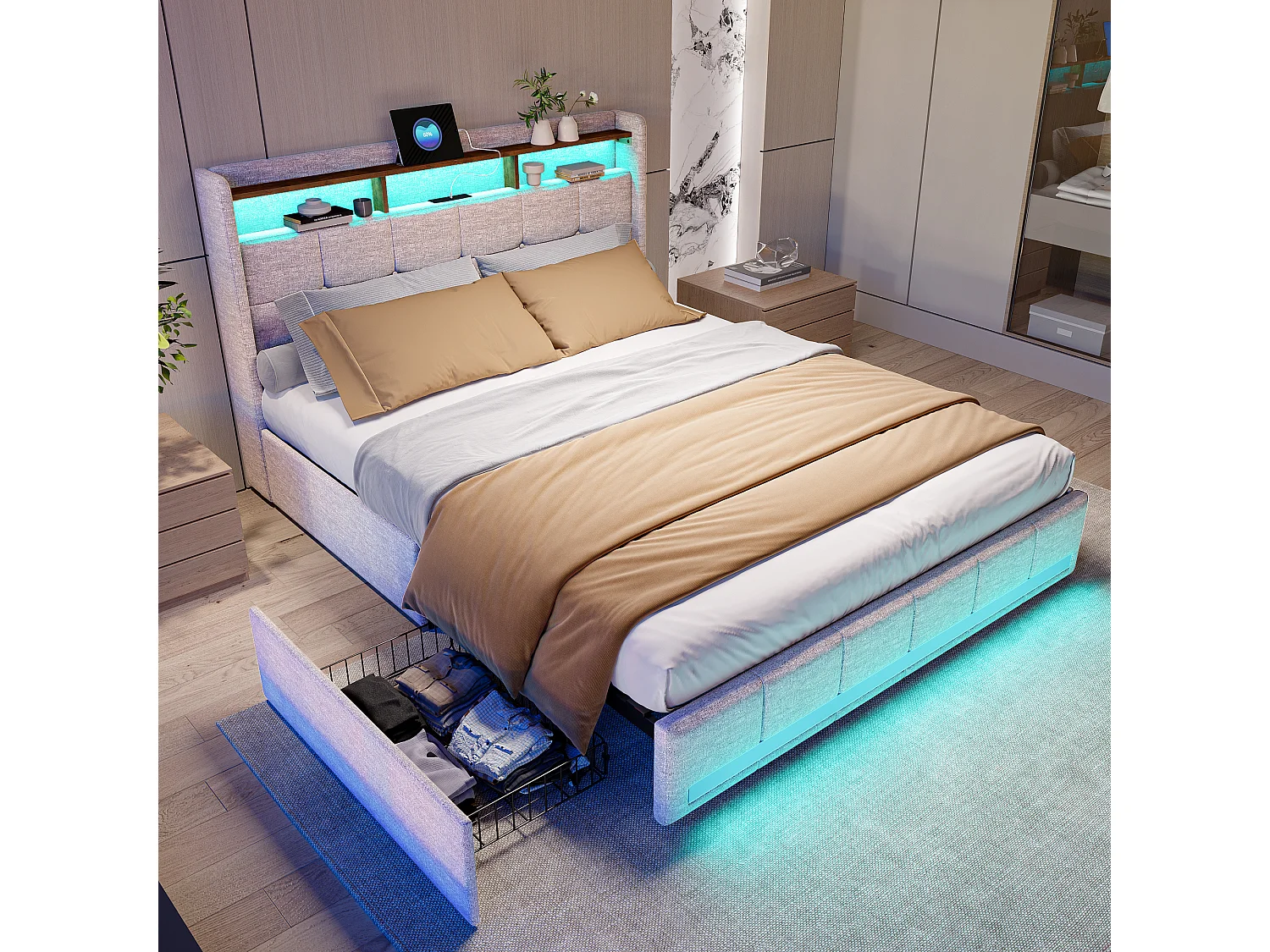 Cama gaveta 160x200cm Cama estofada com luz LED e porta de carregamento USB