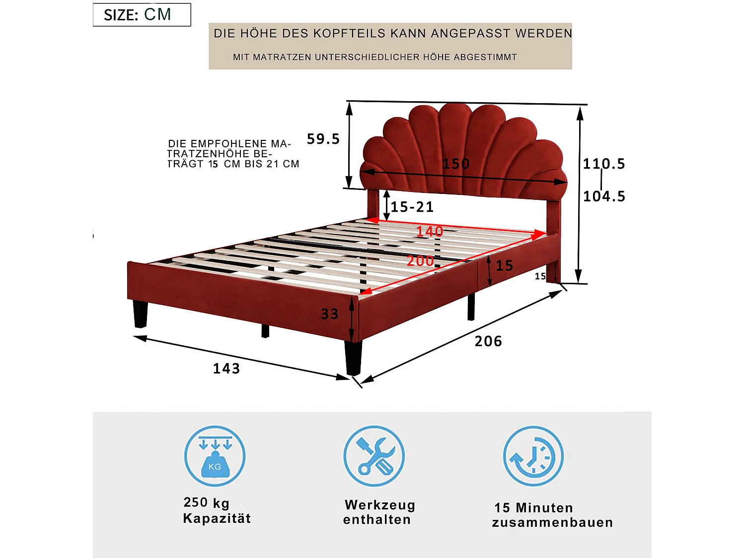 Lit rembourré 140x200cm lit double lit pétale rouge vin tissu velours