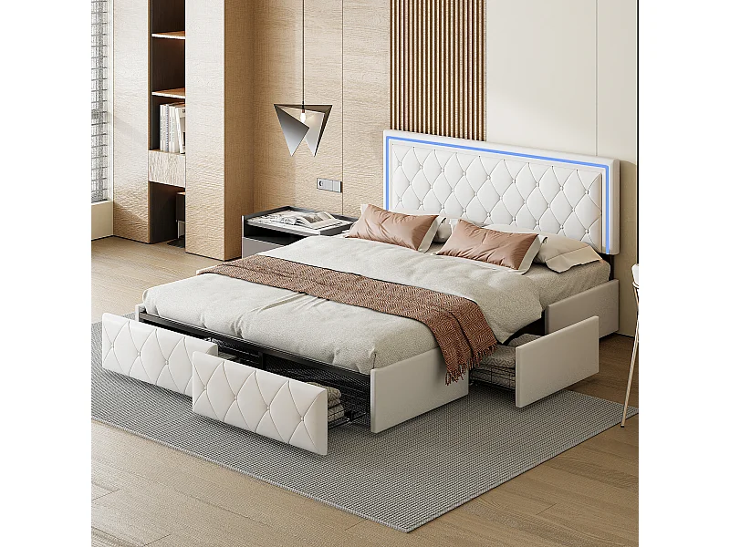 Lit double rembourré 160x200cm avec 4 tiroirs et éclairage LED