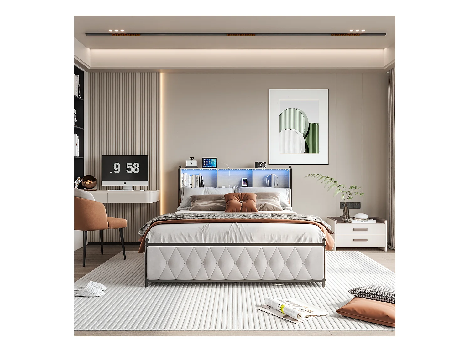 Lit double 160x200cm Beige Avec 4 tiroirs Avec LED et USB