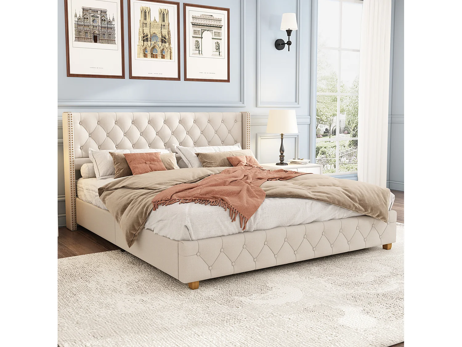 Letto imbottito Letto matrimoniale Rivet letto 140x190cm Beige