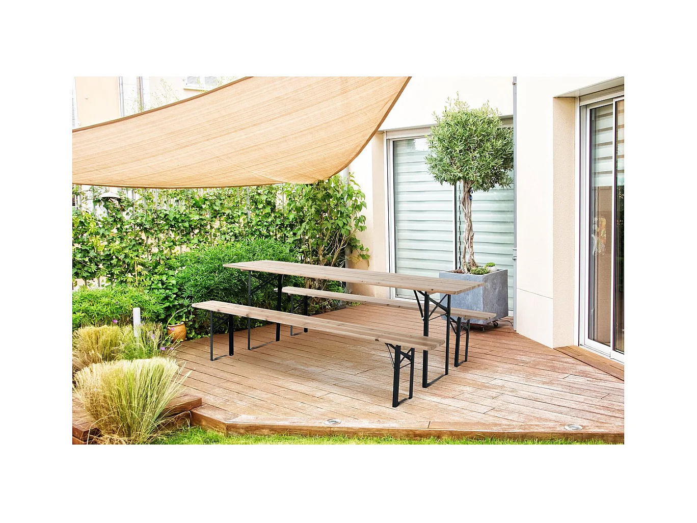 Conjunto de mesa de jardim dobrável com 2 bancos "Lisboa" em madeira de abeto - Marrom