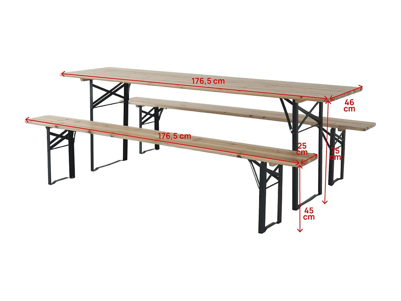 Table de jardin brasserie pliante avec 2 bancs " Lisbonne " - 176 x 46 x 75 cm -  Marron