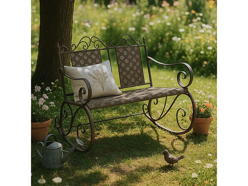 Banc à bascule ancien fauteuil rocking chair de jardin fer marron 120cm