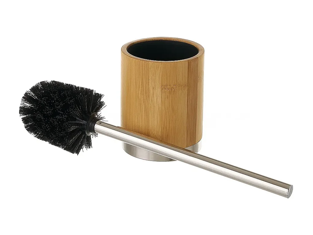 Brosse de toilette WC avec support, porte brosse WC en bambou/acier inoxydable coloris naturel/noir - Diamètre 9.5 x Hauteur 35 cm