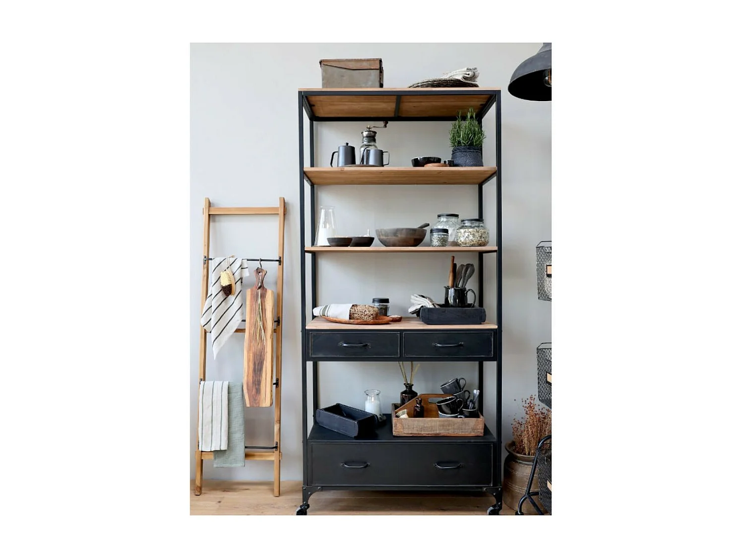 Bibliothèque étagère en bois marron et fer noir 91.5 x 42 x 200 cm