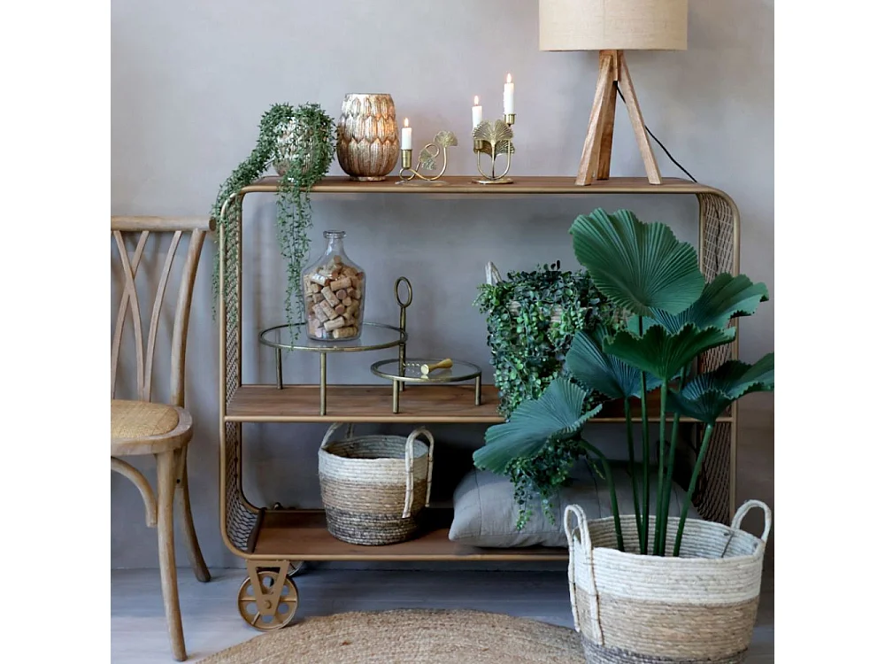 Meuble desserte chariot de cuisine métal laiton bois marron 114cm