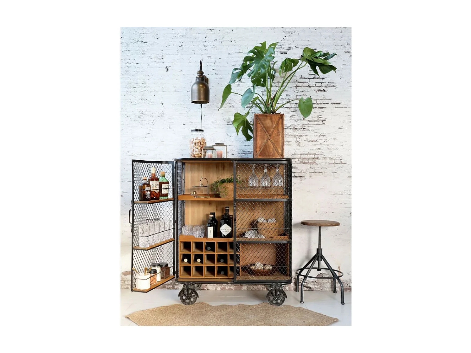 Meuble desserte roulettes chariot cuisine bois marron fer noir 116.5cm