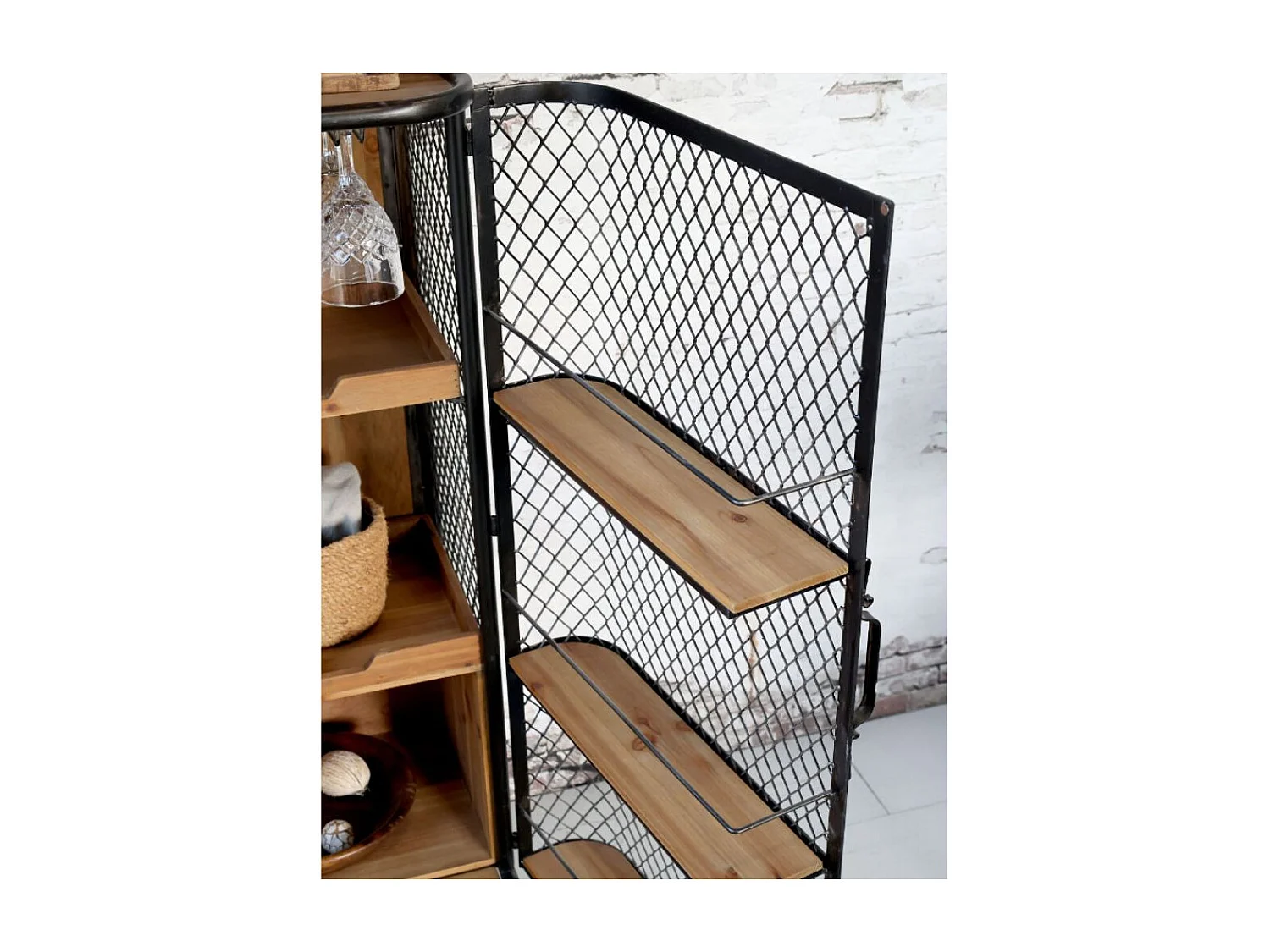 Meuble desserte roulettes chariot cuisine bois marron fer noir 116.5cm