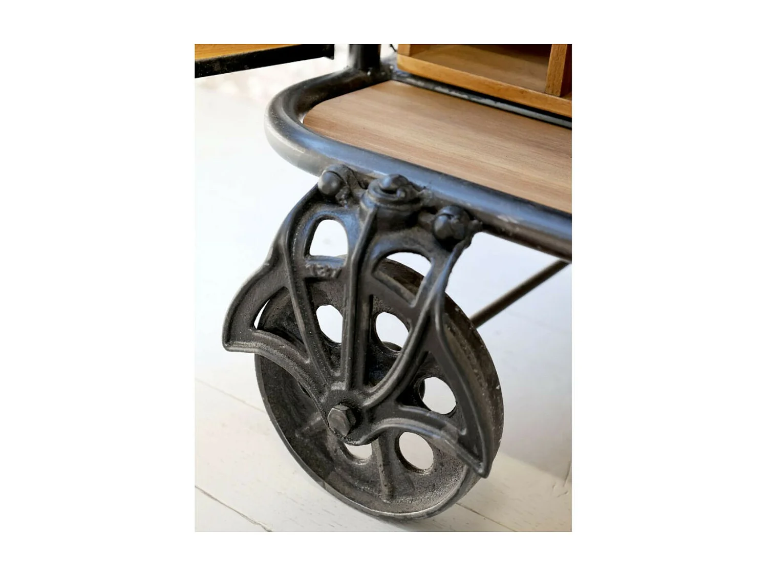 Meuble desserte roulettes chariot cuisine bois marron fer noir 116.5cm