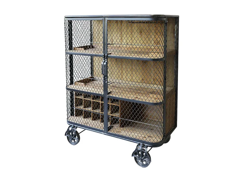 Meuble desserte roulettes chariot cuisine bois marron fer noir 116.5cm