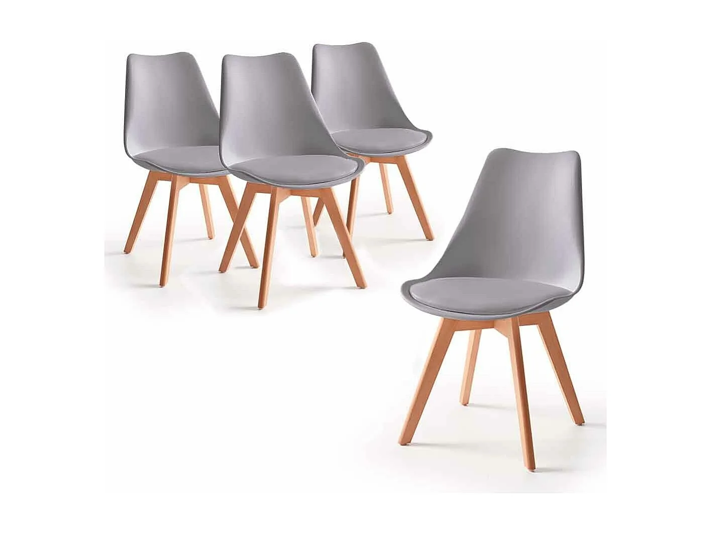 Pack de 4 sillas de comedor, salón Tulipa  silla nórdica asiento acolchado y patas madera en color gris