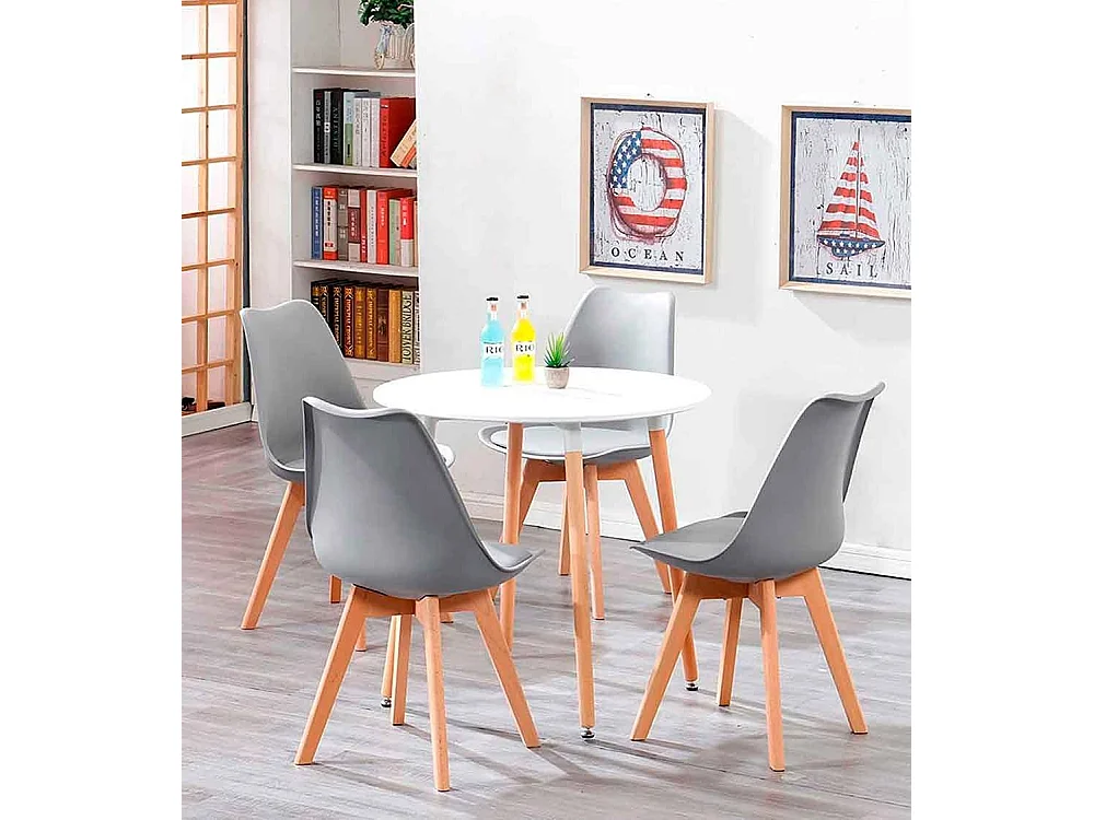 Pack de 4 sillas de comedor, salón Tulipa  silla nórdica asiento acolchado y patas madera en color gris