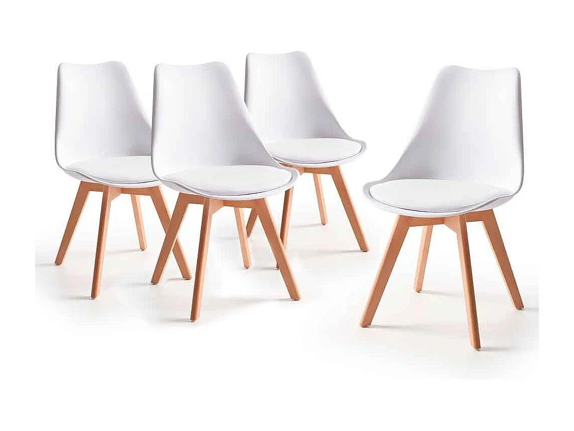 Pack de 4 sillas de comedor, salón Tulipa  silla nórdica asiento acolchado y patas madera en color blanco