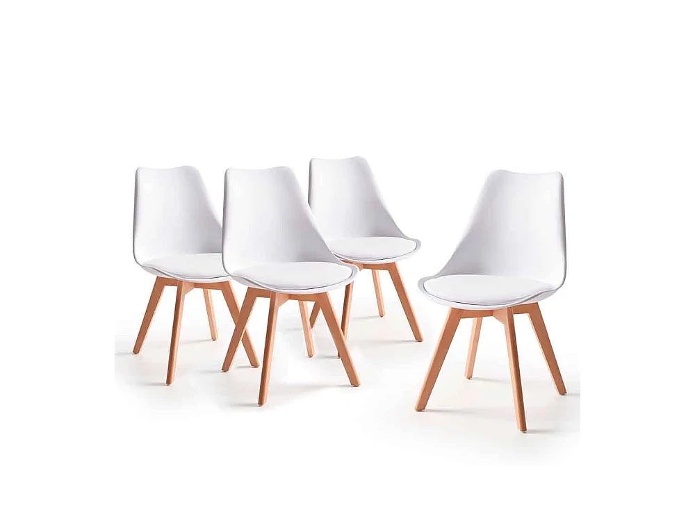 Pack de 4 sillas de comedor, salón Tulipa silla nórdica asiento acolchado y patas madera en color blanco