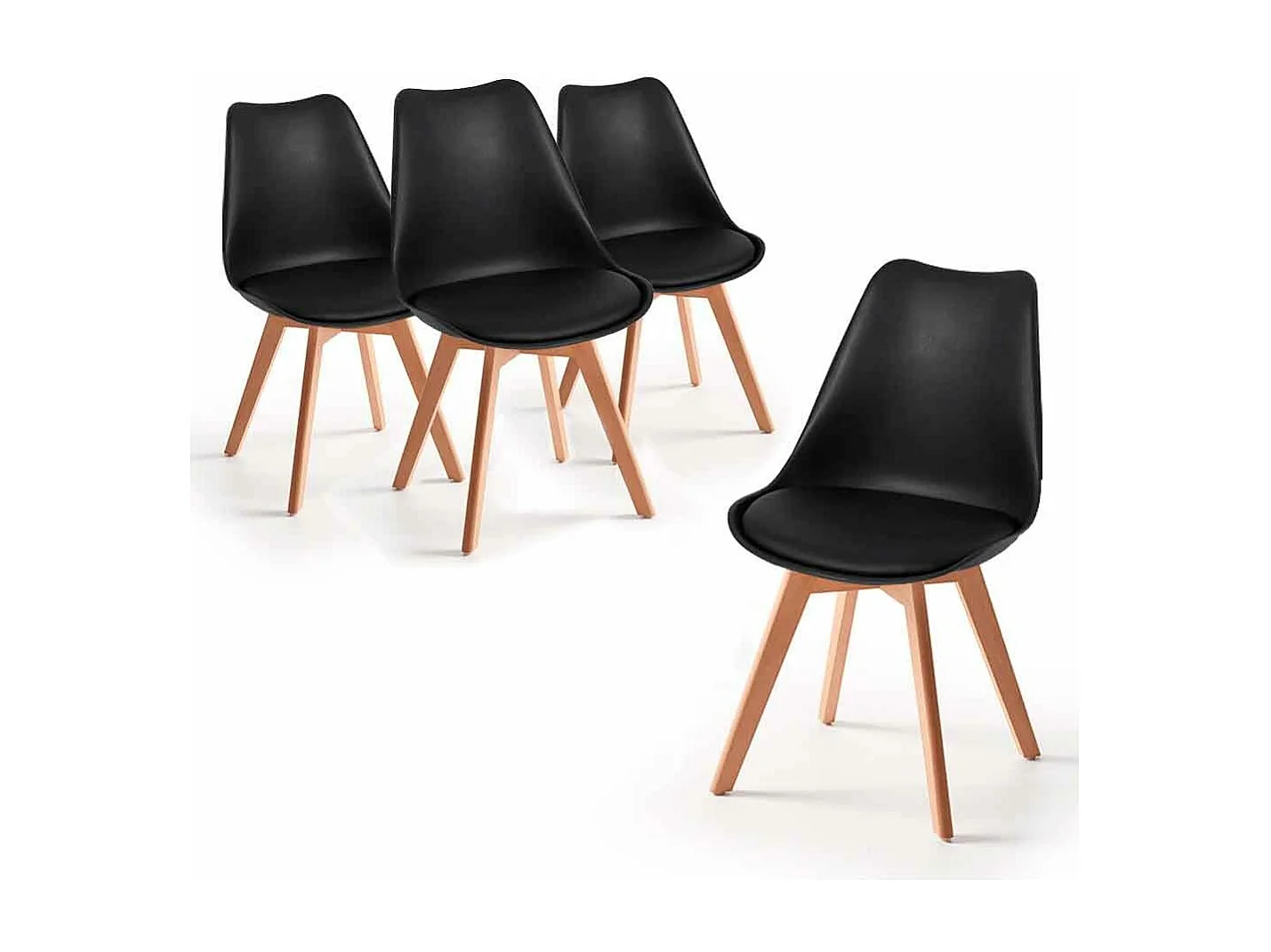 Pack de 4 sillas de comedor, salón Tulipa  silla nórdica asiento acolchado y patas madera en color negro