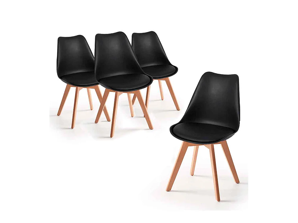 Pack de 4 sillas de comedor, salón Tulipa silla nórdica asiento acolchado y patas madera en color negro