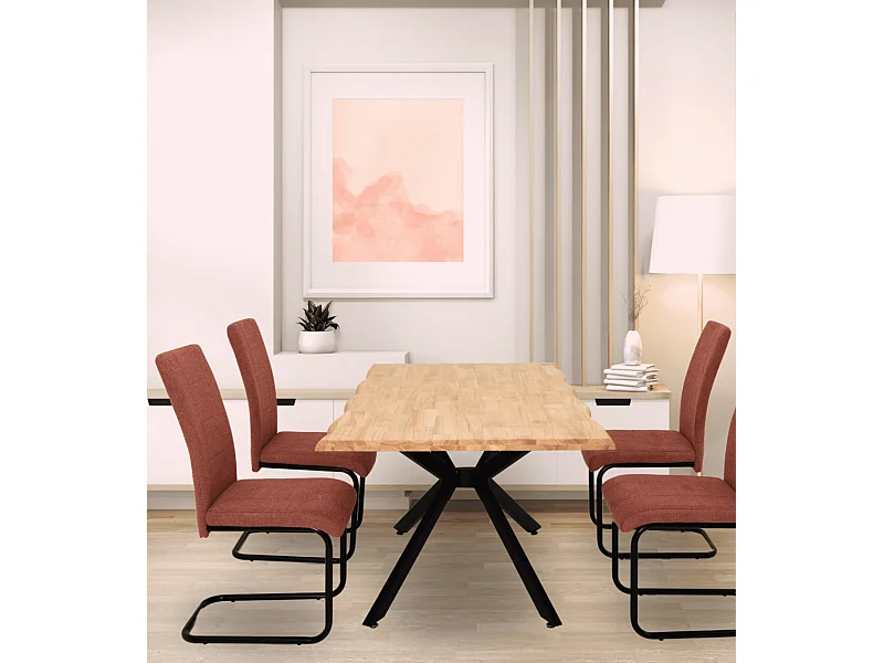 Pack de 4 sillas de comedor de 102x43x49 cm tapizadas en color coral y patas negras Klara