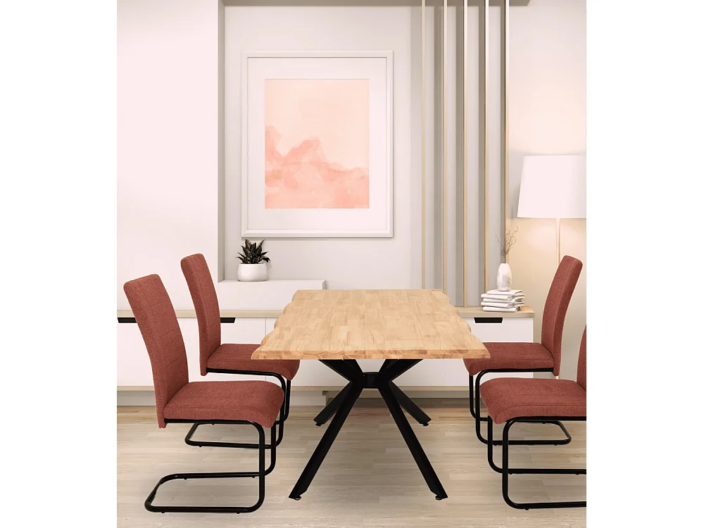 Pack de 4 sillas de comedor de 102x43x49 cm tapizadas en color coral y patas negras Klara