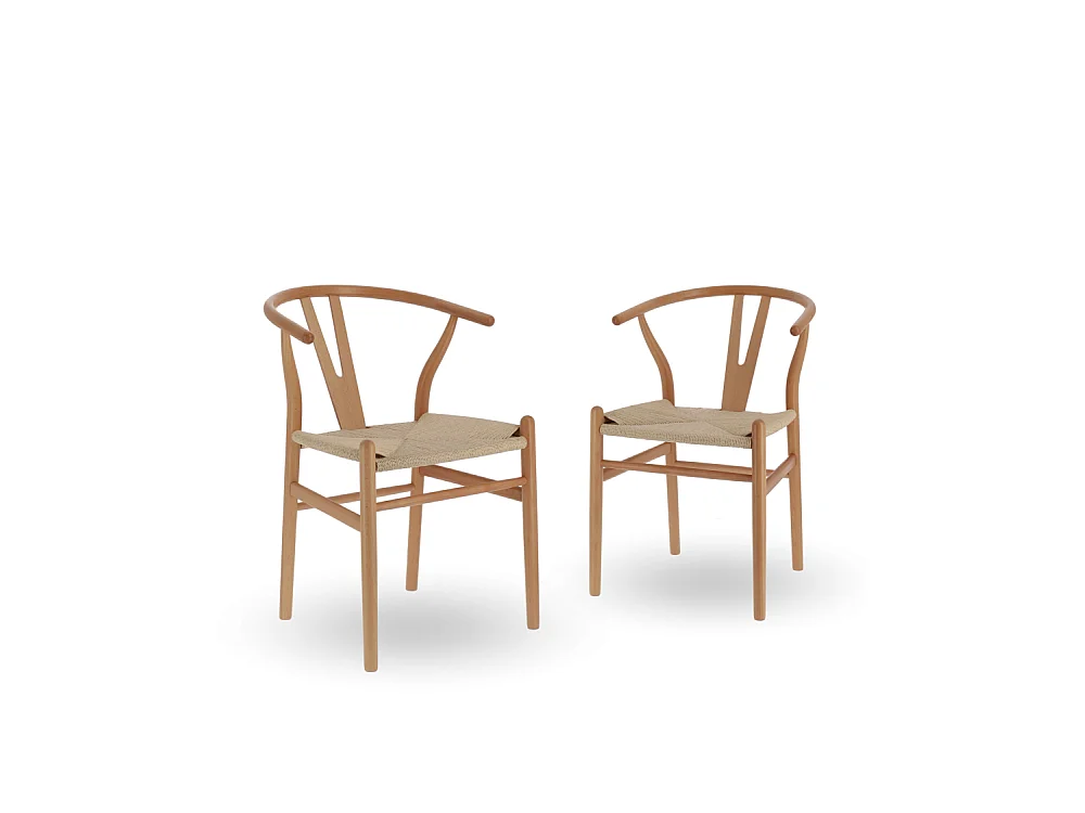Pack de 2 sillas de madera natural de 77x55x55 cm con asiento trenzado en color beige Otti