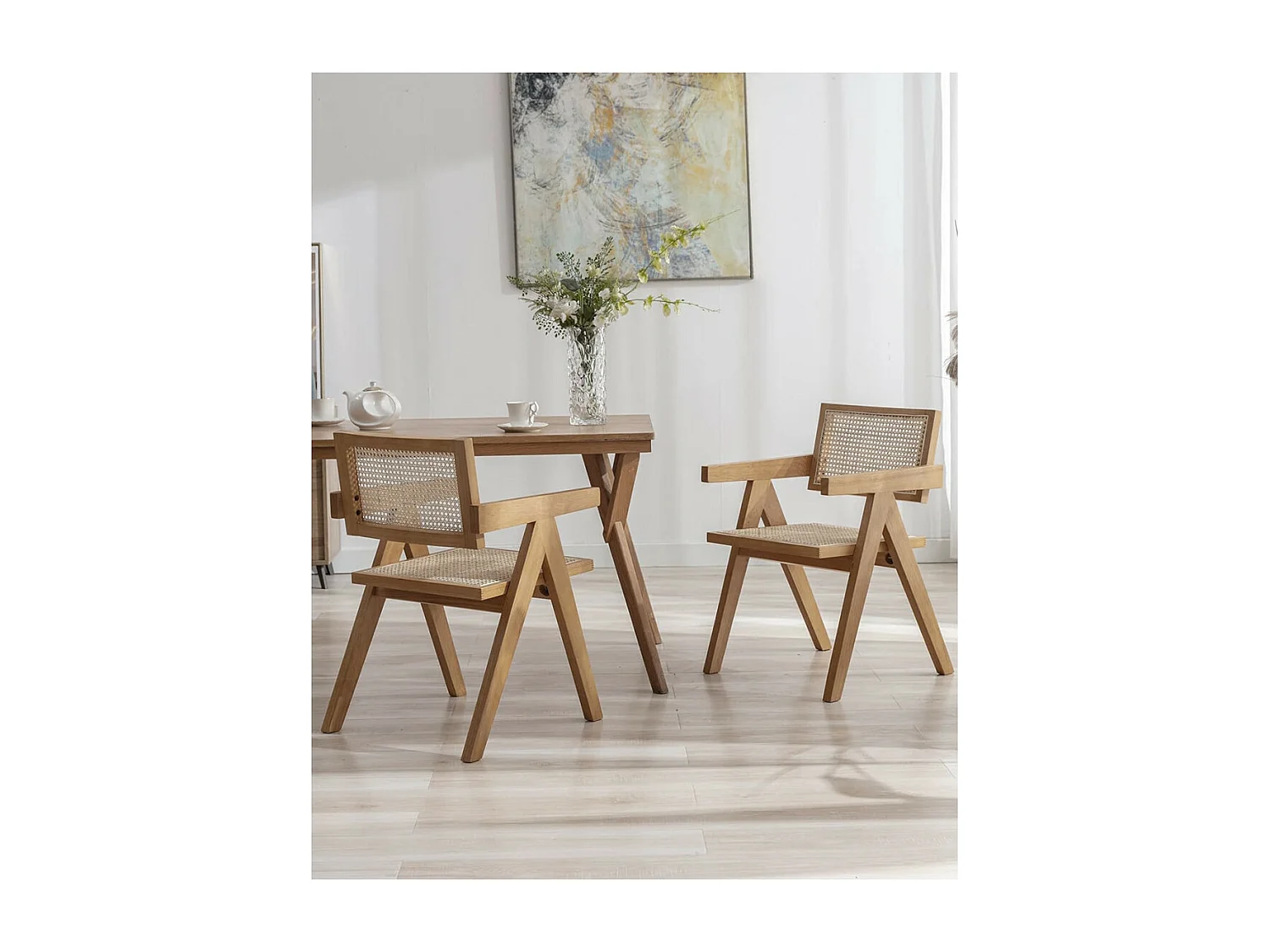 Pack de 2 sillas de 82x51x54 cm de madera natural y respaldo de ratán en color beige Mamba