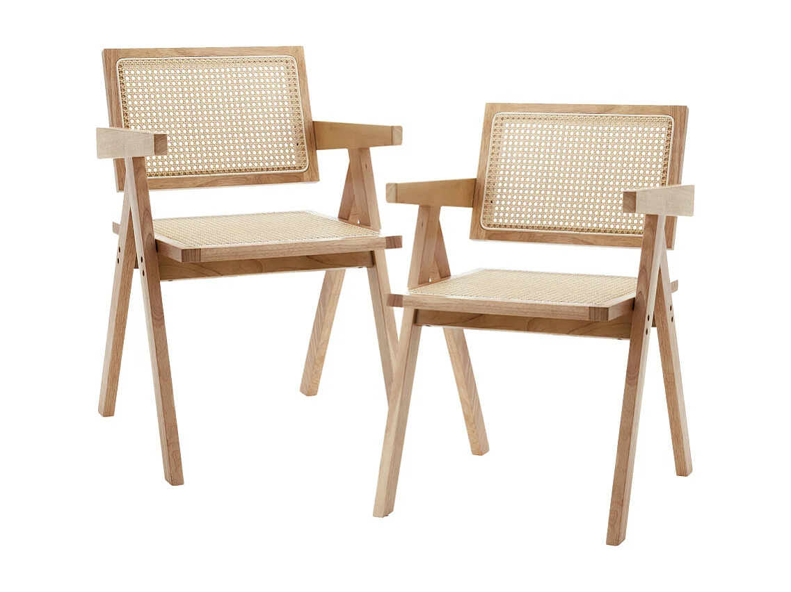 Pack de 2 sillas de 82x51x54 cm de madera natural y respaldo de ratán en color beige Mamba