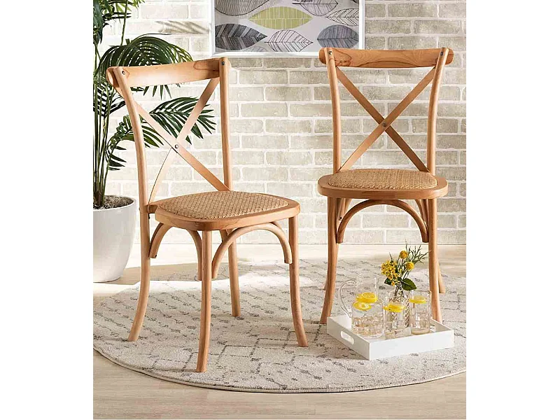 Pack de 2 sillas de 89x48x52 cm de madera maciza y asiento de ratán en color beige Piper