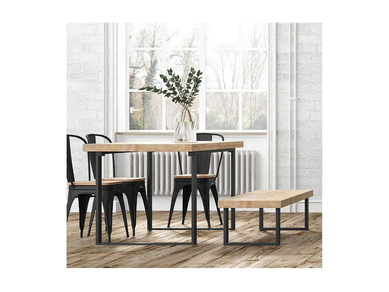 Banco asiento de 120x47x34 cm con en color roble nordish patas metálicas negras Darek