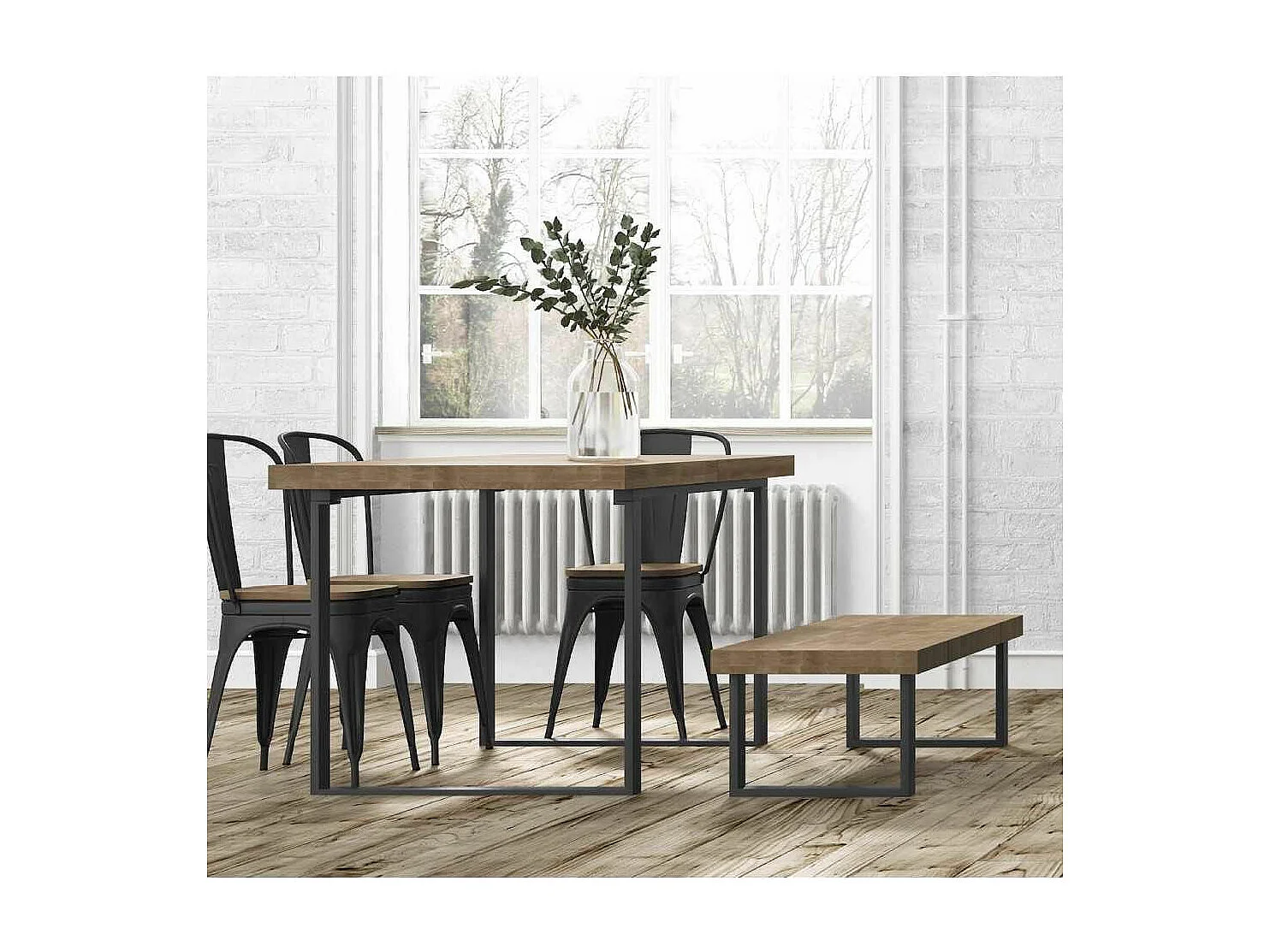 Banco asiento de 120x47x34 cm con en color roble american patas metálicas negras Darek