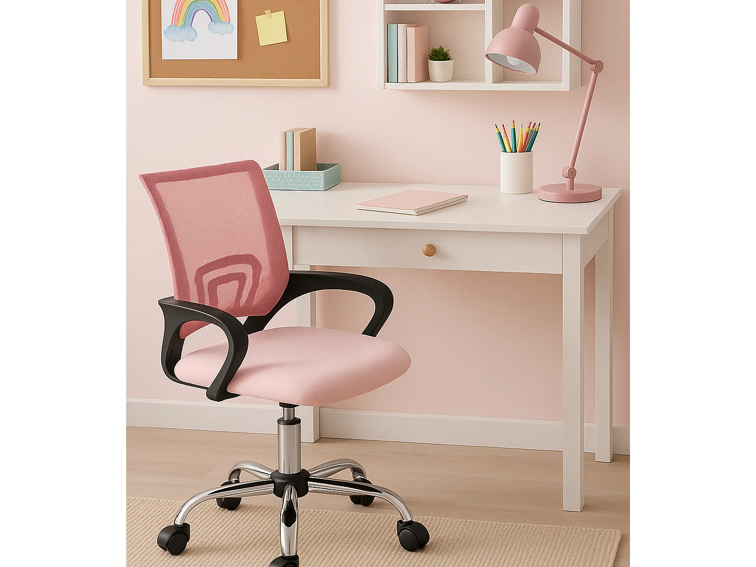 Silla de escritorio de 100x52x54 cm patas metálicas giratoria y elevable en color rosa Nala