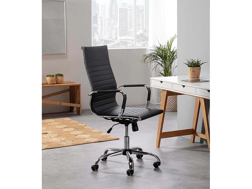 Silla de escritorio de 115x60x66 cm de acero cromado y polipiel en color negro Andy